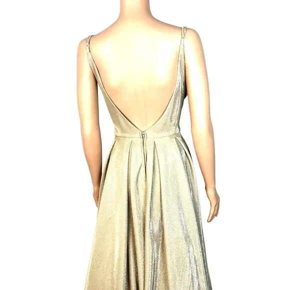 Metallic Gold Evening Gown By B. Smart With Plunging Back V-Neckline Adjustable - Picture 4 of 9